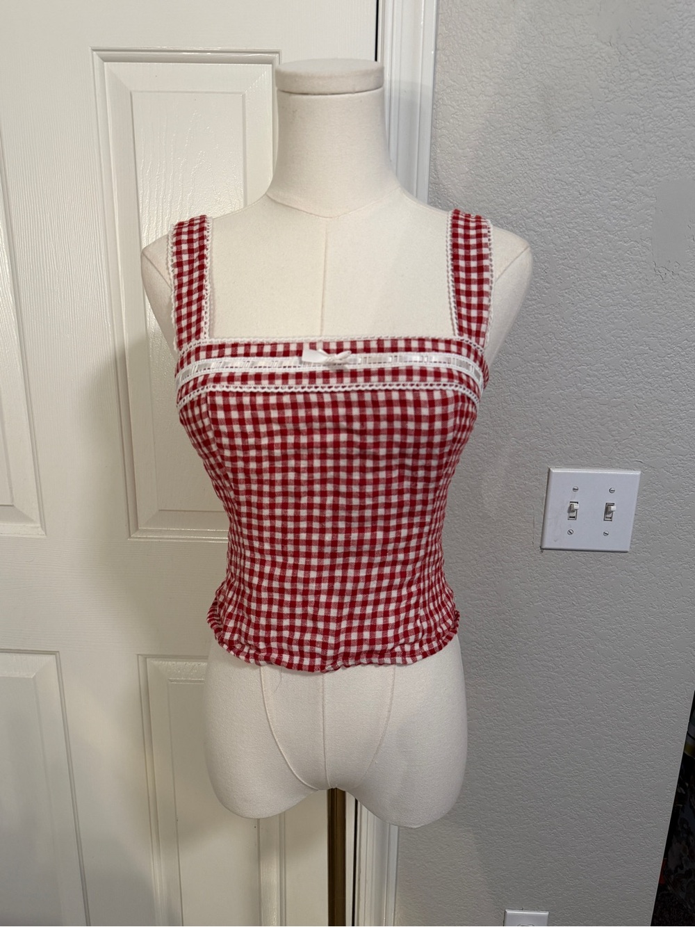 Reformation Red Gingham Lace-Trim Square Neck Crop Top - Picture 2 of 5